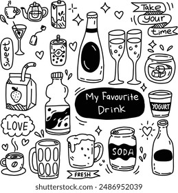 black and white hand drawn doodle of favorite drinks