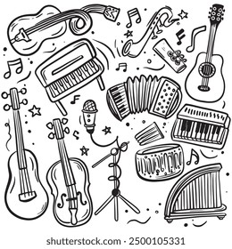 Black and white hand drawn doodle art featuring various musical instruments including guitars keyboard violin and accordion
