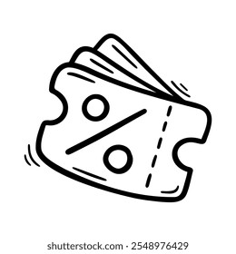 Ilustración de doodle dibujado a mano en blanco y negro de un Cupón de descuento con un signo porcentual, que simboliza ventas, cupones u ofertas promocionales para compras y ofertas.
