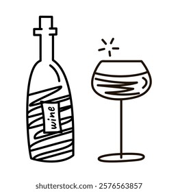 Black and white hand drawn doodle illustration of wine bottle and glass with decorative lines. Minimalist line drawing icons for menus, invitations, or wine themed designs. Vector art