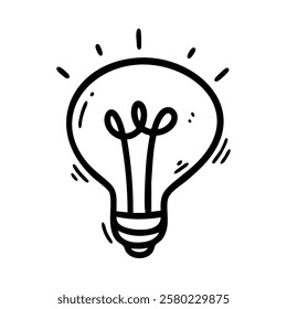 Black and white hand drawn doodle light bulb icon. Perfect for creativity, innovation, brainstorming, startup, and inspiration related designs.