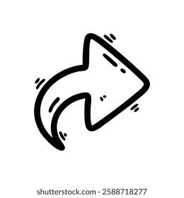 Black and white hand drawn doodle style curved arrow icon. Perfect for social media, navigation, direction, and UI UX design elements.