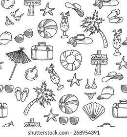 Black and white hand drawn doodle vacation repeating pattern. Vector illustration.