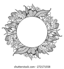 Black and white hand drawn doodle frame. Abstract zentangle background. Good for cards, invitations, wedding, t-shirt, brochure, flyer, calendar. Vector illustration.