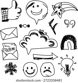 Iconos de doodle dibujados a mano en blanco y negro con emojis, flechas, nubes, estrellas, burbujas de discurso y símbolos de bocetos expresivos.