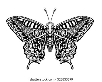 Black white hand drawn doodle animal. Ethnic patterned vector illustration. African, indian, totem tribal design. Sketch for coloring page, tattoo, poster, print, t-shirt