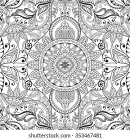 Black and white hand drawn doodle seamless pattern, repeating fabric geometric floral texture. Tribal ethnic ornament, vector sketch illustration.