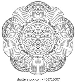 Black white hand drawn doodle motive, symbol, color-book element, abstract decorative circle