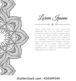 Black and white hand drawn doodle border. Abstract floral mandala zentangle background. Good for cards, invitations, wedding, brochure, flyer, calendar. Monochrome coloring page. Vector illustration.