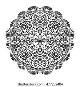 Black white hand drawn doodle motive, symbol, colorbook element, abstract decorative circle