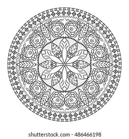 Black white hand drawn doodle motive, symbol, colorbook element, abstract decorative circle