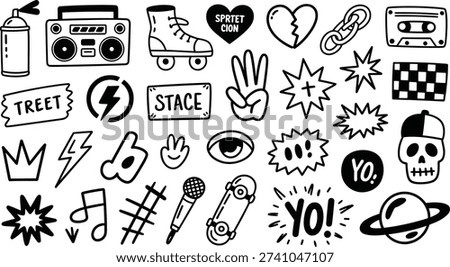 Black and White Hand Drawn Doodle Icons Set with Street Style and Comic Elements