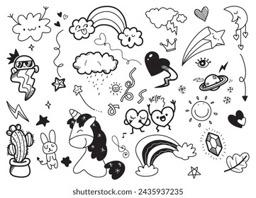 Black and White Hand Drawn Doodles of Cute Elements
