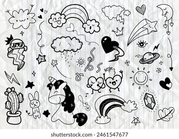 Black and White Hand Drawn Doodles of Cute Elements
