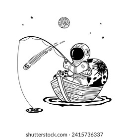 
A black and white hand drawn drawing of an astronaut fishing on a wooden boat with a white background and a falling comet