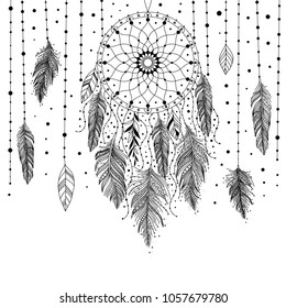 Black and white hand drawn dreamcatcher with floral details and feathers, vector illustration, can be used for coloring book, boho art design invitation, postcard, tattoo.