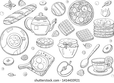 Black and white hand drawn elements for breakfast isolated on white background. Morning breakfast elements