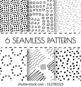 Black and white hand drawn endless background set. Seamless tribal pattern with dots, dashed lines, strokes, circles, squares. Monochrome organic doodle design for textile, wallpaper, wrapping, web