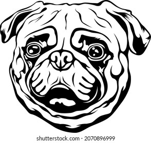 Black and white hand drawn face of pug. Vector illustration tattoo art