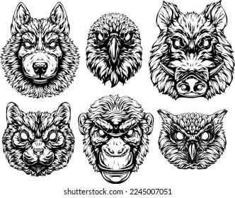 Black and white hand drawn face of monkey, cat, dog, owl, crow, pig. Tattoo illustration mascot art.