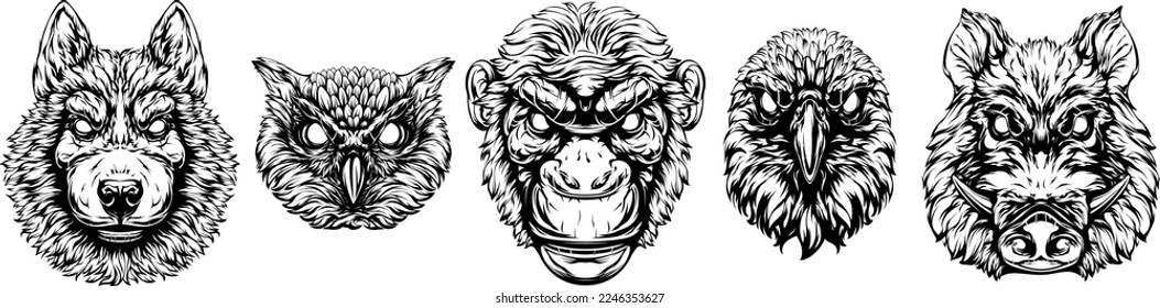 Black and white hand drawn face of monkey, owl, crow, pig, dog. Vector illustration mascot art.