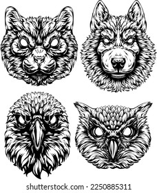 Black and white hand drawn face of cat, owl, crow, dog. Vector illustration mascot art.