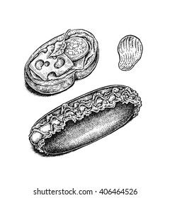 Black and white hand drawn fast food set: sandwich, hot dog and chips. Vector illustration