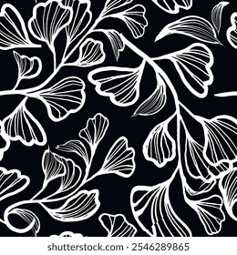 Dibujado a mano blanco y negro línea floral patrón sin fisuras con flores, hojas, ramas. Fondo ornamental botánico del Vector. Repite el patrón de tela. Ornamentos frondosos monocromos. Textura sin fin.