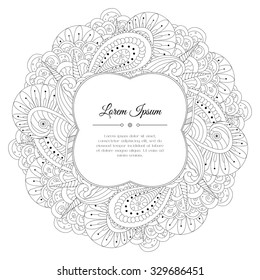 Black and white hand drawn floral doodle frame. Flowers, leaves and paisley. Abstract zentangle background. Good for cards, invitations, wedding, cover, flyer, calendar, brochure. Vector illustration