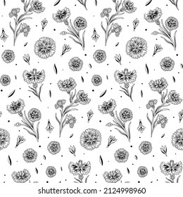 Schwarz-Weiß-handgezeichnet Blume Vektorgrafik Nahtloses Muster. Fantastisch für klassisches Produktdesign, Stoff, Hintergründe, Einladungen, Verpackungsprojekte. Oberflächenmuster-Design.