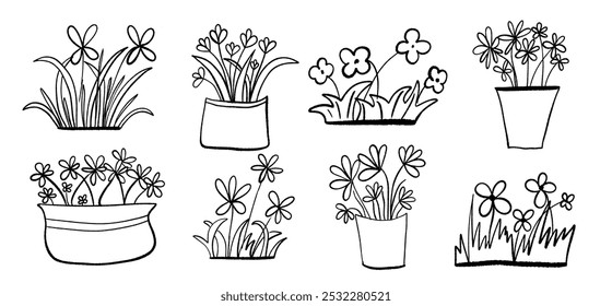 Ilustraciones de flores dibujadas a mano en blanco y negro en varios estilos, con algunas flores en macetas y otras creciendo desde el suelo. Perfecto para colorear, propósitos educativos o proyectos creativos.