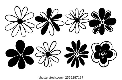 Black and white hand drawn flower illustrations in various styles, featuring different petal designs and shading techniques. Perfect for artistic, botanical, and design projects.