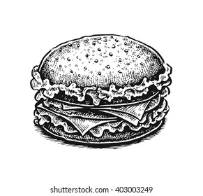 Black and white hand drawn fried sandwich. Vector illustration