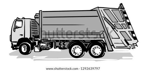 Black and white hand drawn garbage truck. Vector\
sketch isolated on\
white.