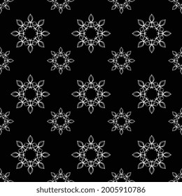 black and white hand drawn geometric and flower pattern, seamless repeat pattern for textile, web background packaging gift wrapper and more. Pattern swatches added to the swatch panel.