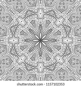 Black and white hand drawn graphic background, doodle seamless pattern. Boho art sketch drawing for coloring book page, banner, card, poster. Tribal ethnic ornament, line texture
