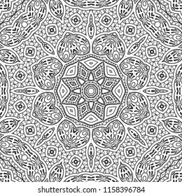Black and white hand drawn graphic background, doodle seamless pattern. Boho art sketch drawing for coloring book page, banner, card, poster. Tribal ethnic ornament, line texture