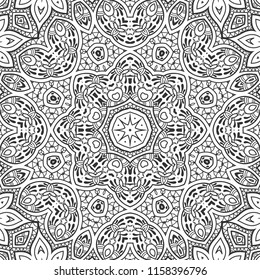 Black and white hand drawn graphic background, doodle seamless pattern. Boho art sketch drawing for coloring book page, banner, card, poster. Tribal ethnic ornament, line texture