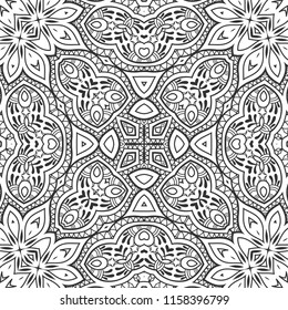 Black and white hand drawn graphic background, doodle seamless pattern. Boho art sketch drawing for coloring book page, banner, card, poster. Tribal ethnic ornament, line texture