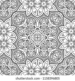 Black and white hand drawn graphic background, doodle seamless pattern. Boho art sketch drawing for coloring book page, banner, card, poster. Tribal ethnic ornament, line texture