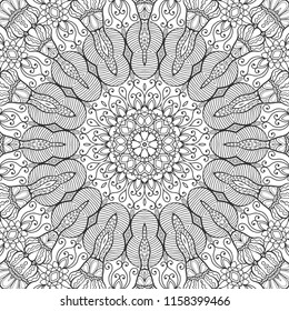 Black and white hand drawn graphic background, doodle seamless pattern. Boho art sketch drawing for coloring book page, banner, card, poster. Tribal ethnic ornament, line texture