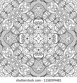 Black and white hand drawn graphic background, doodle seamless pattern. Boho art sketch drawing for coloring book page, banner, card, poster. Tribal ethnic ornament, line texture