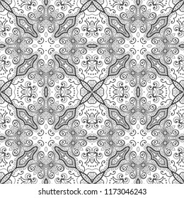 Black and white hand drawn graphic background, doodle seamless pattern. Boho art sketch drawing for coloring book page, banner, card, poster. Tribal ethnic ornament, line texture