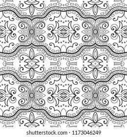 Black and white hand drawn graphic background, doodle seamless pattern. Boho art sketch drawing for coloring book page, banner, card, poster. Tribal ethnic ornament, line texture