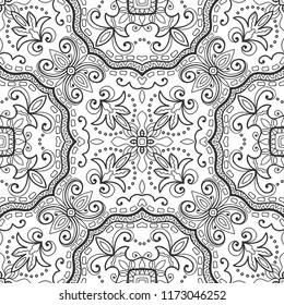 Black and white hand drawn graphic background, doodle seamless pattern. Boho art sketch drawing for coloring book page, banner, card, poster. Tribal ethnic ornament, line texture
