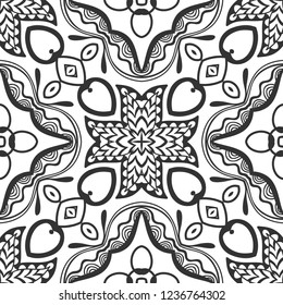 Black and white hand drawn graphic background, doodle seamless pattern. Boho art sketch drawing, geometric texture for wallpaper, banner, card, poster. Tribal ethnic line ornament