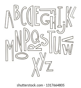 Black and white hand drawn graphic font. Vector cartoon alphabet.