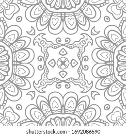 Black and white hand drawn graphic background, doodle seamless pattern. Boho art sketch drawing for coloring book page, card, poster. Tribal ethnic ornament for scarf, shawl, hijab, line texture