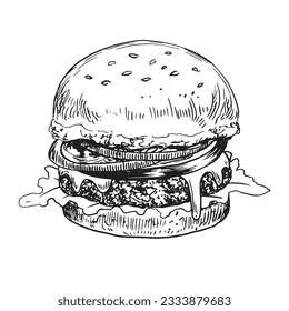 Black and white hand drawn hamburger with melted cheese, tomato, onion, salad isolated in white background. Fast food. Sketch style. Burger drawing with hatching. Engraved illustration