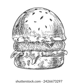 Black and white hand drawn hamburger isolated in white background. Fast food. Sketch style. Burger drawing with hatching. Engraved vector illustration